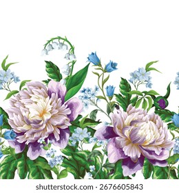 Borde floral de Vector sin fisuras con peonía, lirios y flores de primavera.