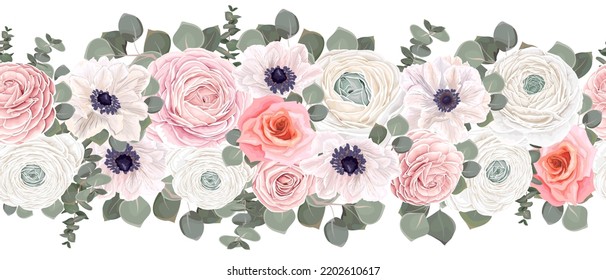 Seamless vector floral border. Pink roses, white ranunculus, anemones, eucalyptus, green plants and leaves 