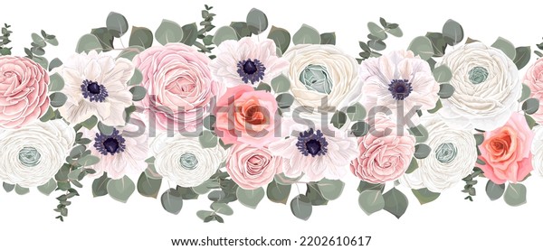 Seamless Vector Floral Border Pink Roses Stock Vector (Royalty Free ...