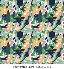 Seamless vector floral bouquet pattern with colorful abstract tropical exotic flowers. Summer or spring greeting card. Modern fabric design