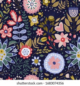 Seamless vector floral colorful pattern. Ornate flower spring and summer botanical art in a modern flat style. Romantic garden color illustration on a dark blue background.
