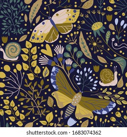 Nahtlose Vektorillustration blühendes Muster. Ornate Blumen Frühling und Sommer botanische Kunst in einem modernen flachen Stil. Romantische Gartenfarben, Schmetterlingsgrafik auf dunkelblauem Hintergrund.