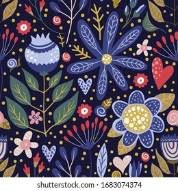 Seamless vector floral colorful pattern. Ornate flower spring and summer botanical art in a modern flat style. Romantic garden color illustration on a dark blue background.