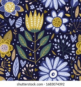 Seamless vector floral colorful pattern. Ornate flower spring and summer botanical art in a modern flat style. Romantic garden color illustration on a dark blue background.