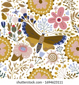 Seamless vector floral colorful pattern. Ornate flower spring and summer botanical butterfly art in a modern flat style. Romantic garden color illustration on a white background.