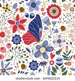 Seamless vector floral colorful pattern. Ornate flower spring and summer botanical butterfly art in a modern flat style. Romantic garden color illustration on a white background.