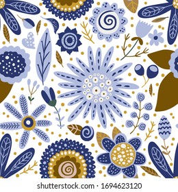 Seamless vector floral colorful pattern. Ornate flower spring and summer botanical art in a modern flat style. Romantic garden color illustration on a white background.