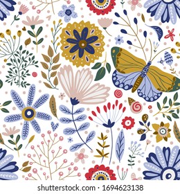 Seamless vector floral colorful pattern. Ornate flower spring and summer botanical butterfly art in a modern flat style. Romantic garden color illustration on a white background.