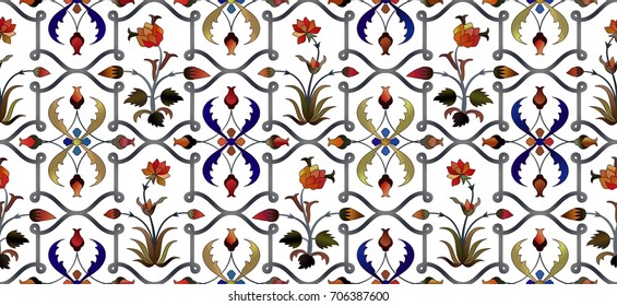 Seamless vector floral colorful pattern on white background. Wallpaper oriental.