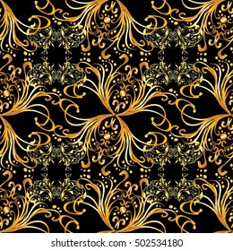 Seamless vector floral damask pattern. Classic Background. Black background.