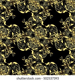 Seamless vector floral damask pattern. Classic Background. Black background. Yellow pattern.