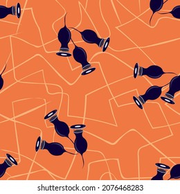 Seamless vector floral design. Decorative print. Poppy head. Dark blue seeds on an orange background, great design for any decoration or purpose. Isolated vector illustrations