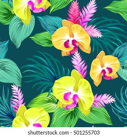seamless vector floral design with natural yellow orchids. very detailed vintage style illustration. beautiful colors, tropical bouquets in an allover repeating composition.