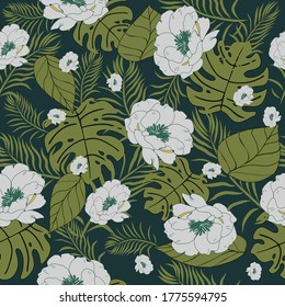 Seamless Vector Floral Design White Flowers with big green leaves illustration pattern. For Fabrics, Textiles, Wallpapers, Gift-Wrapping, Dresses, Backgrounds, Texture


