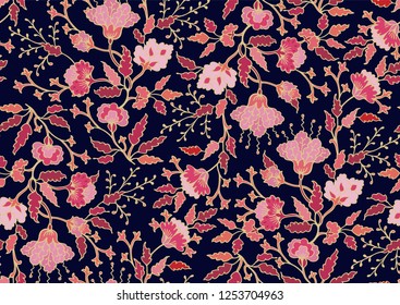 Seamless vector floral ditsy pattern on dark background, asian indian style