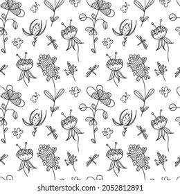 Nahtlose Vektorgrafik-Doodle-Muster, weißer Hintergrund. Ornament aus Ästen mit Blättern und Blumen. Ein Muster aus Blumenskizzen.