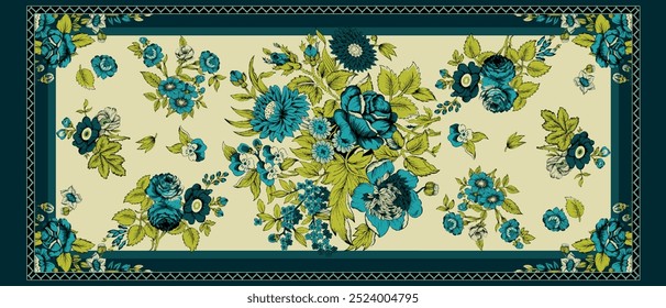 Seamless vector floral dupatta pattern on green background.