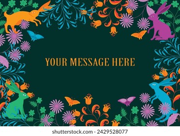 Seamless vector floral frame with rabbits and butterflies