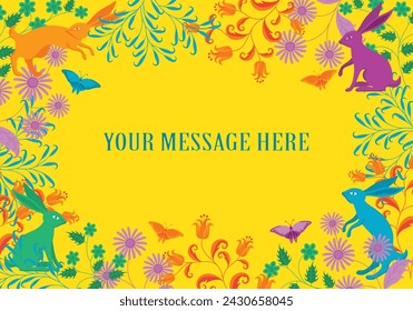 Seamless vector floral frame with rabbits and butterflies