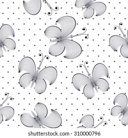 Patrón de dibujo de mano floral vectorial sin soldadura con mariposa, se puede utilizar un patrón para papel pintado, rellenos de patrón, texturas de superficie .Negro y blanco 