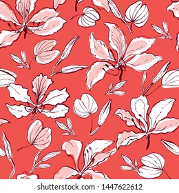 Seamless Vector Floral Hawaii Style Pattern With Exotic Tropical Flowers And Leaves Of Orchid Tree Plant, Pink And Coral Red Color. Sketchy Unfinished Watercolor Look. Line Ink Drawing.