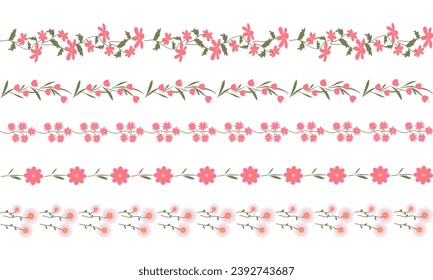 Seamless vector floral horizontal borders for decoration. Colored Decorative framing. Pink small flowers.