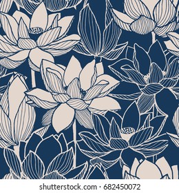 seamless vector floral lotus blue hand drawn pattern