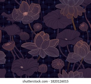 Seamless vector floral lotus pattern, night flowers blooming, botanical artdeco background