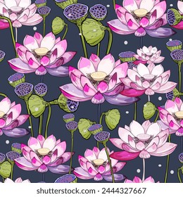 Seamless vector floral lotus rainbow hand drawing. Floral and botanical background. Summer tone with tropical leaves, lotus flower, lotus fruit, branch vector. Seamless pattern for fabric, wallpaper