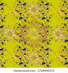 Mandala floral de vetor sem costura com delicadas flores brancas e simetria ornamental em fundo amarelo brilhante. Padrão decorativo para papel de parede, tecido, embalagem.