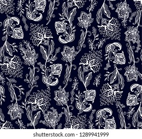 Seamless vector floral ornament on deep blue background, intricate pattern, kalamkari