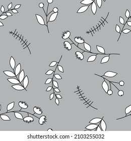 Nahtlose Vektorblumenverzierung auf grauem Hintergrund. Flora-Elemente, Blumen und Beeren. Drucken Sie für Textilien oder Tapeten im skandinavischen Stil.