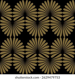 Seamless vector floral ornament with symmetrical hand-drawn petals in gold tone on black isolated background.Decorative abstract illustration with elegant mood and vintage-inspired luxury design.
