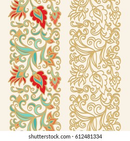 Seamless vector floral paisley border ornament, vintage style, arrangement of flowers, russian style