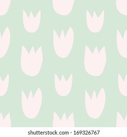 Seamless vector floral pastel pattern with hand drawn pink tulips on fresh spring green background. Beautiful abstract vintage texture with flowers and cute kids background.