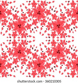 Seamless vector floral patten with five-petal red flowers on white background