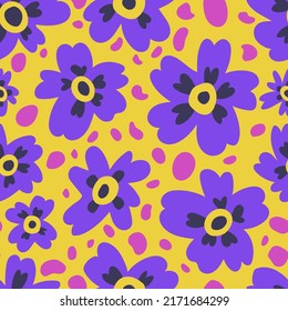 Seamless vector floral pattern with abstract violet flowers. Bright colorful texture for prints, fabrics and backgrounds. Surface design. Contrast color palette. Hand drawn flat doodle illustration 