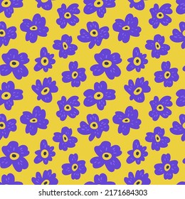 Seamless vector floral pattern with abstract violet flowers. Bright colorful texture for prints, fabrics and backgrounds. Surface design. Contrast color palette. Hand drawn flat doodle illustration 