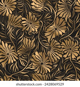 Seamless vector floral pattern with abstract gold hand drawn flowers and leaves isolated on black background. Illustration template for fashion prints, fabric, wallpaper, card