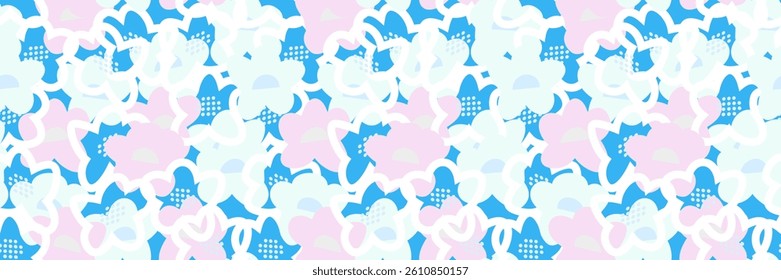 Seamless vector floral pattern with abstract hand drawn flowers in pastel and light on a blue background. Overlapping outlines and dynamic composition create a playful, modern, and stylish look