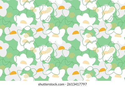 Seamless vector floral pattern with abstract white flowers, yellow centers, and delicate outlines on a green background. Modern, bold, and artistic, perfect for textiles, wallpaper