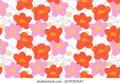Seamless vector floral pattern with abstract orange and pink flowers, yellow centers, and delicate outlines on a white background. Modern, bold, and artistic, perfect for textiles, wallpapers