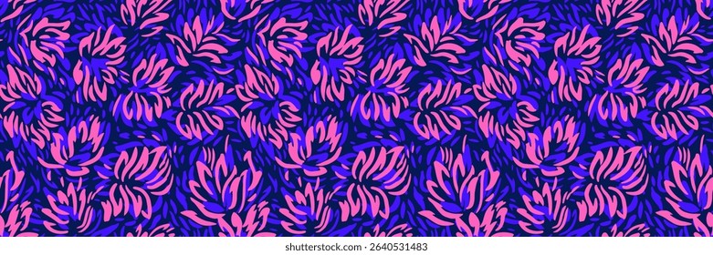 Seamless vector floral pattern with abstract hand-drawn petals in bright pink and blue hues. Aesthetic modern design inspired by nature, perfect for textiles, wallpapers, packaging,  branding