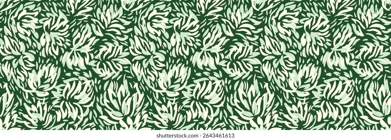 Seamless vector floral pattern with abstract hand drawn petals on a deep green background. Aesthetic modern design inspired by nature, perfect for textiles, wallpapers, packaging, branding