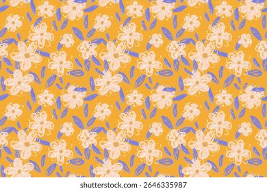 Seamless vector floral pattern with abstract flowers and blue leaves on a vibrant yellow background. Artistic and playful style design for textiles, packaging, and stationery
