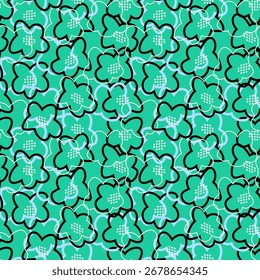 Seamless vector floral pattern with abstract green blossoms outlined in black and blue on a turquoise background. Modern, bold, and stylish design for fabric, decor, and wrapping