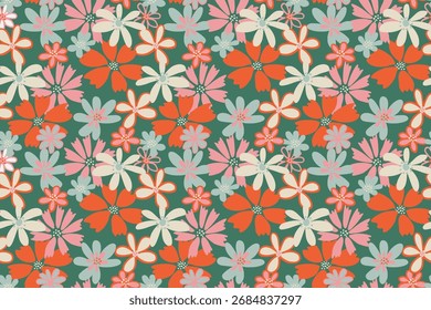 Seamless vector floral pattern with abstract red, cream, pink, and teal flowers on green background. Modern retro style design for fabric, wallpaper, wrapping, and surface print