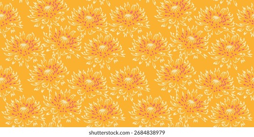 Seamless vector floral pattern with abstract chrysanthemum style flowers in soft pink and cream on a warm ocher background. Design for textiles, wallpapers, packaging, and stationery 