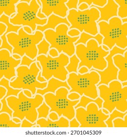 Seamless vector floral pattern with abstract yellow flowers, soft beige outlines, and green centers. Bright modern botanical design for textiles, packaging, and home decor