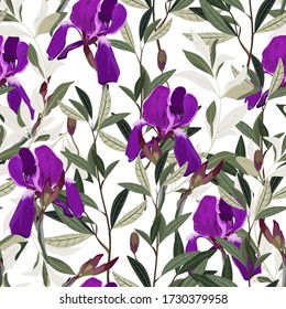 Seamless vector floral pattern. Arrangement lilac iris flowers by delicately green leaves on a white background. Hand-drawn illustration. Square repeating pattern for fabric and wallpaper.